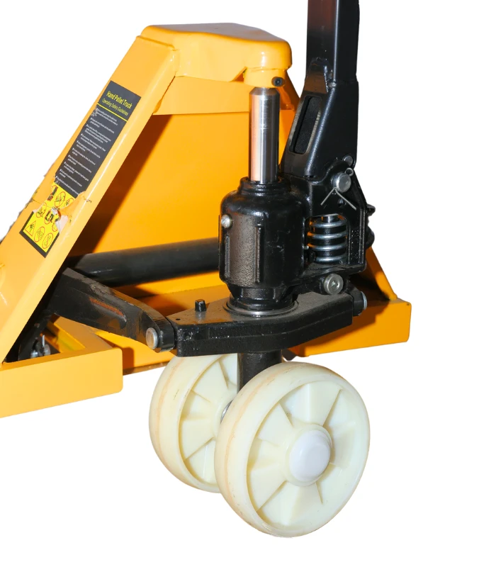 bottom wheel view of extra length pallet truck 2.5-ton capacity