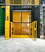 Detailed view of the goods lift's durable outer mesh enclosure for added safety.